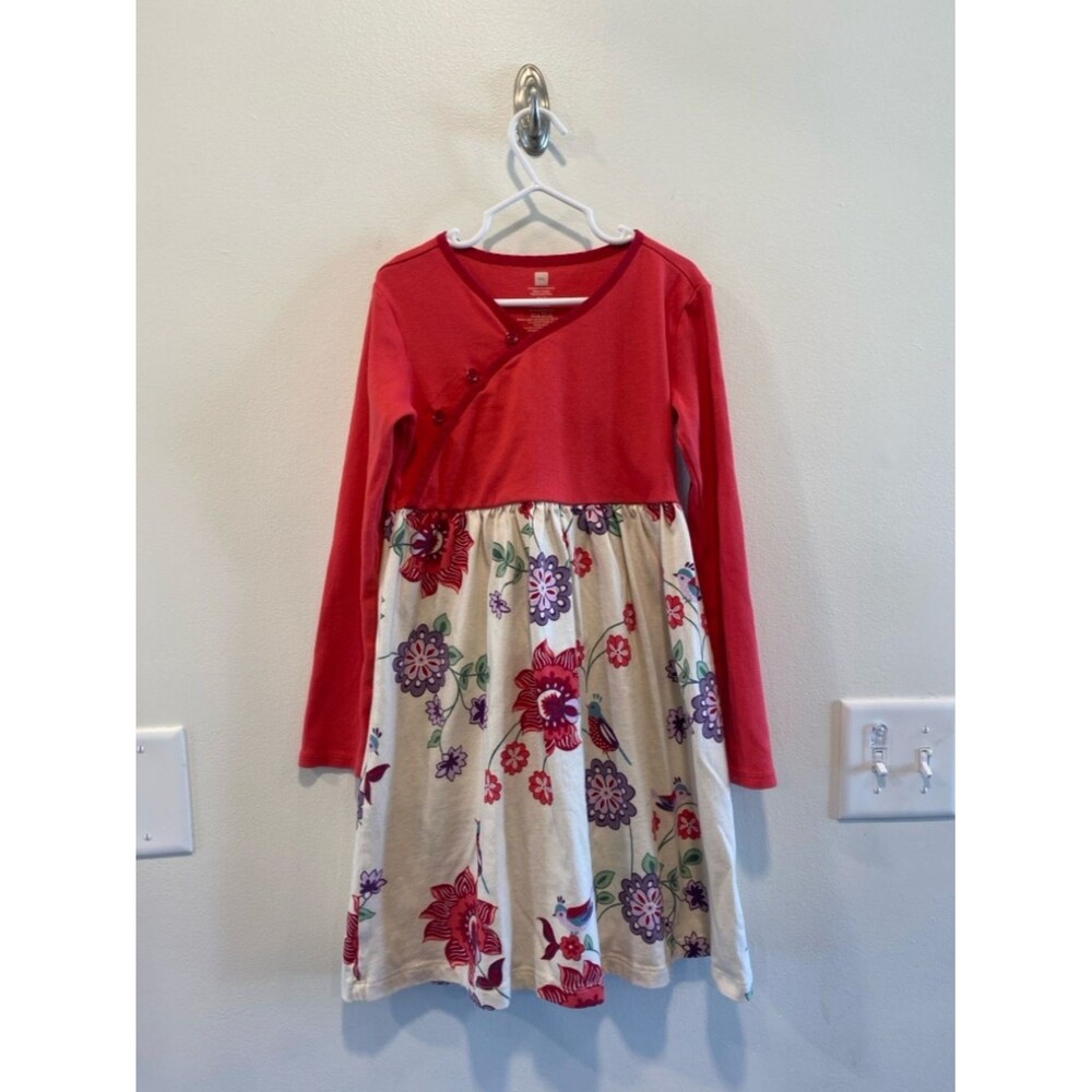 Tea collection girls long sleeve dress size 7 floral and bird print China Asia